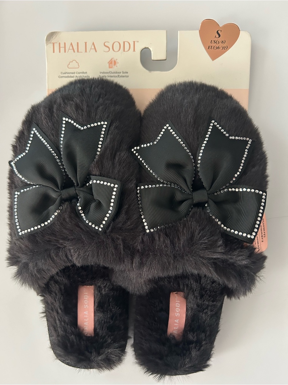 Thalia Sodi Black Faux Fur Rhinestone Bow Slippers Size Small (5-6)